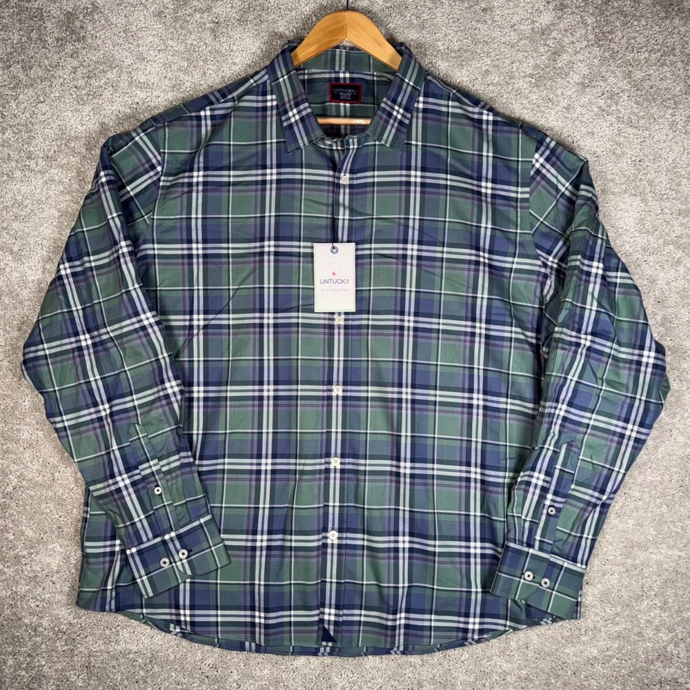 NWT UNTUCKit Men's 3XL Green Plaid Long Sleeve Wrinkle Free Button Up Shirt